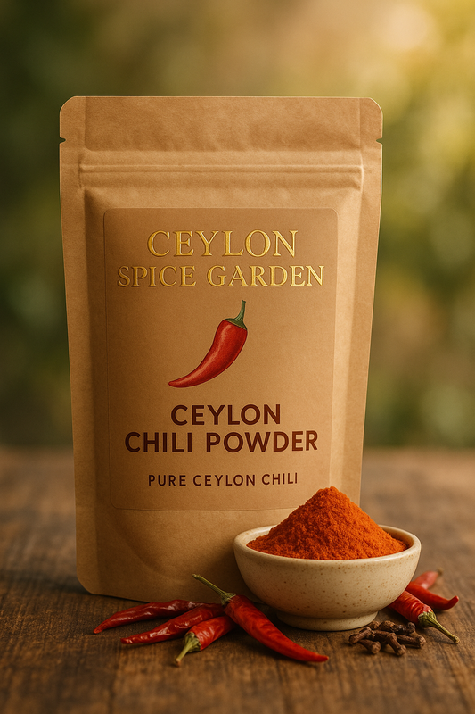 Ceylon Chili Powder package from Ceylon Spice Garden with chili peppers on a wooden surface.