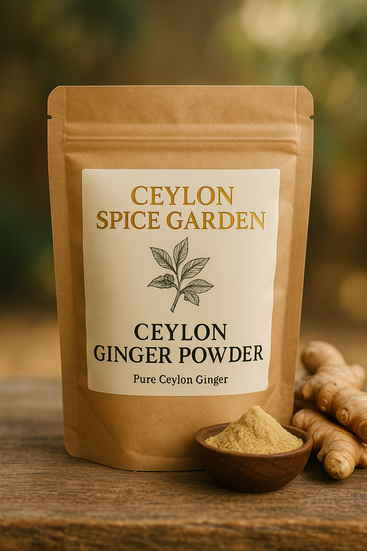Ceylon Spice Garden Ceylon Ginger Powder package with ginger root and powder on a wooden surface.