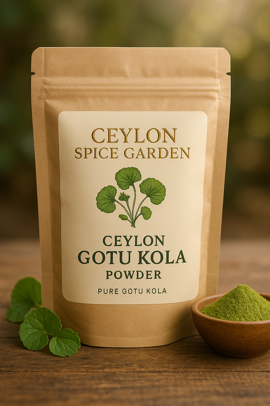 Ceylon Spice Garden Ceylon Gotu Kola Powder packaging on a wooden surface withGotu Kola leaves and powder.