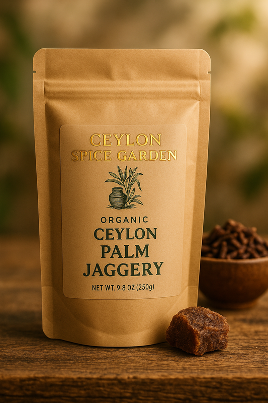 Kraft paper packaging of Ceylon Palm Jaggery from Geylen Spice Garden on a wooden surface.