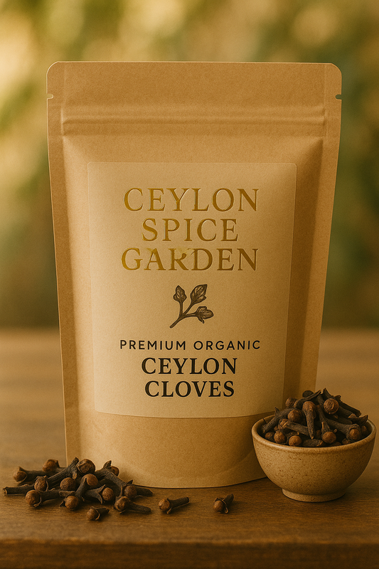 Kraft paper packaging of Ceylon Spice Garden Ceylon Cloves on a wooden surface with scattered cloves.