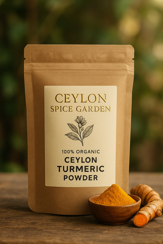 Ceylon Spice Garden Ceylon Turmeric Powder package on a wooden surface with turmeric root and powder.