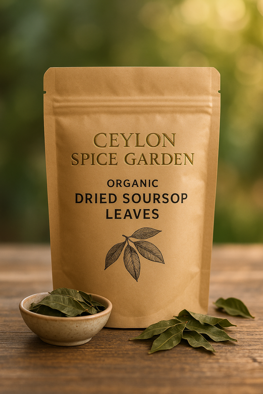 Bag of Ceylon Spice Garden organic dried soursop leaves on a wooden surface with a blurred green background.