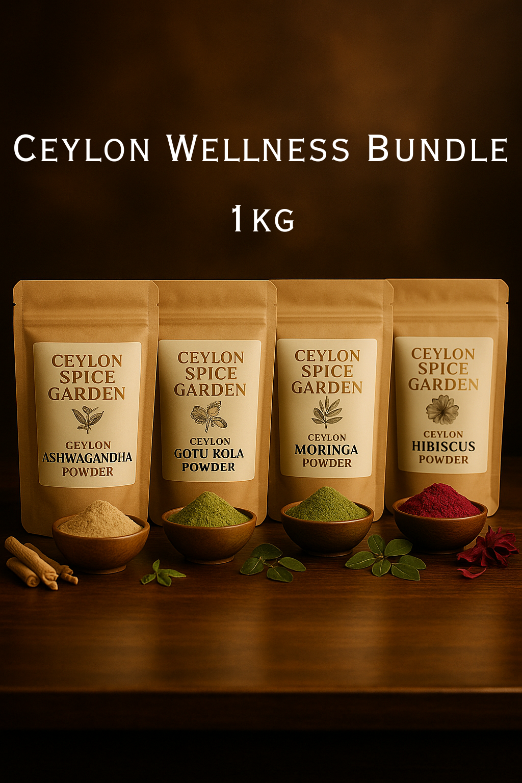 Ceylon Wellness Bundle – 1kg x 4 (Ashwagandha, Gotu Kola, Moringa, Hibiscus)