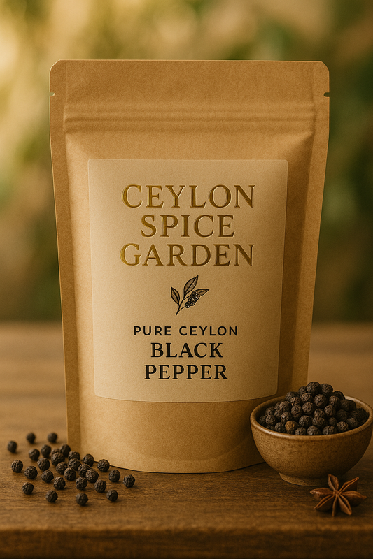 Ceylon Spice Garden pure Ceylon black pepper packaging with peppercorns on a wooden surface.