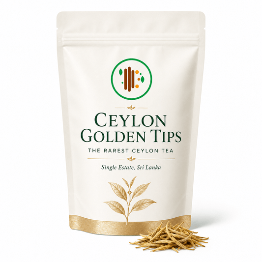 White resealable bag of Ceylon Golden Tips rare tea with gold-embossed leaf illustration, premium white tea from Sri Lanka, SKU: CEYLONGOLDENTIPS25