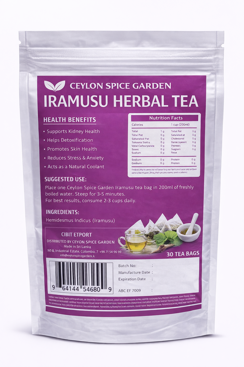 Iramusu Herbal Tea (Hemidesmus indicus) — Body Cooling, 30 Bags