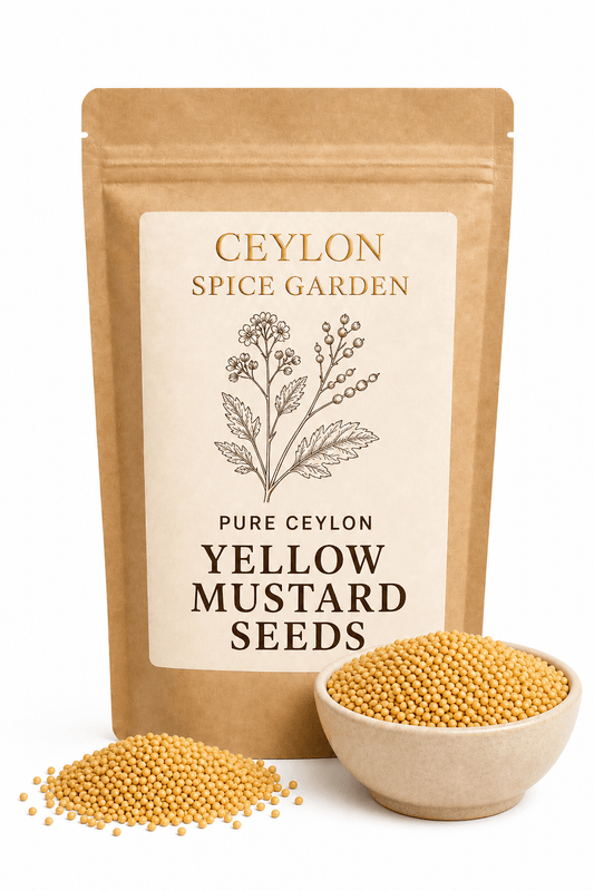 Close-up of yellow mustard seeds in a beige bag labeled 'Pure Ceylon Yellow Mustard Seeds' with a bowl of seeds and scattered seeds on white background