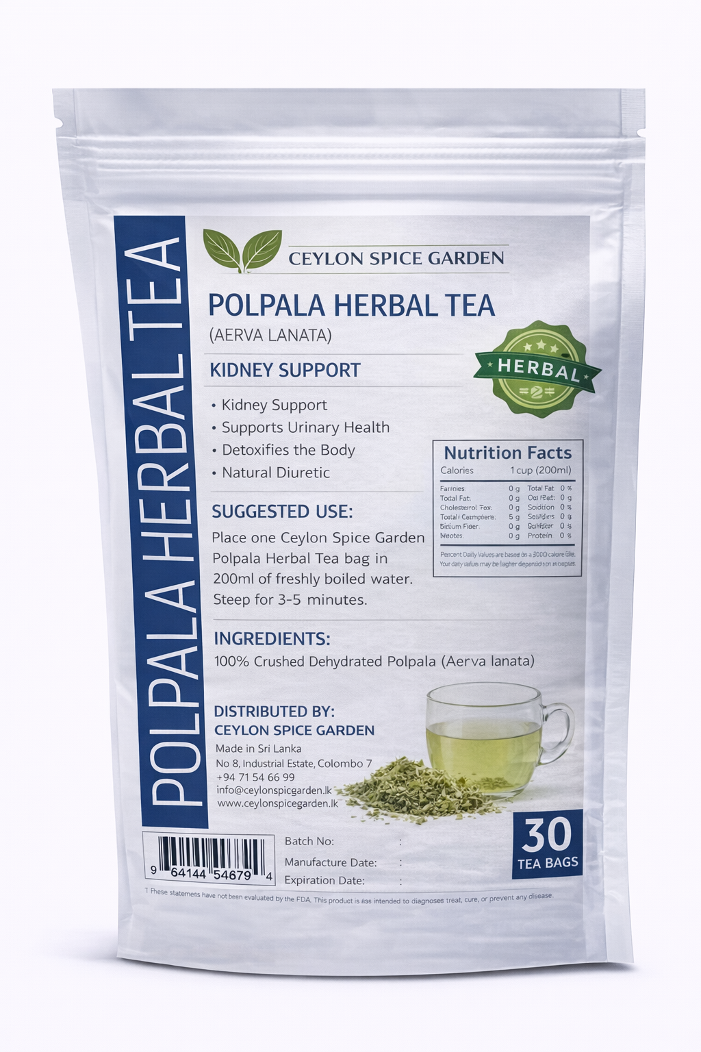 Polpala Herbal Tea (Aerva lanata) | Kidney Support, 30 Bags