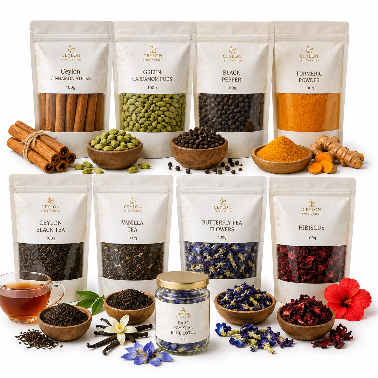 Sri Lanka Grand Discovery Collection with nine premium Sri Lankan tea, spice and flower products on a white background.