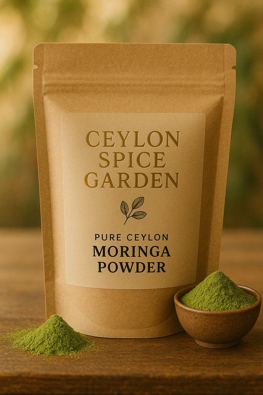 Kraft paper packaging of Ceylon Spice Garden Pure Ceylon Moringa Powder with a small bowl of powder on a wooden surface.