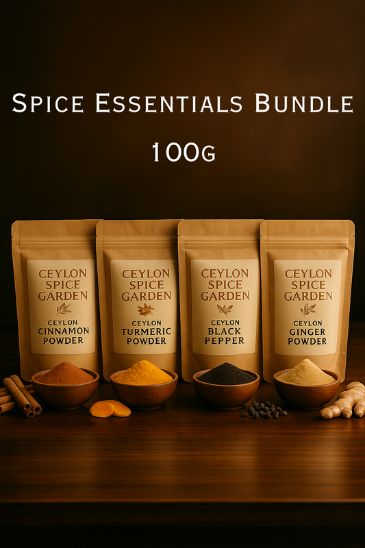 Spice Essentials Bundle – 100g × 4 | Pure Ceylon Cinnamon, Turmeric, Black Pepper & Ginger