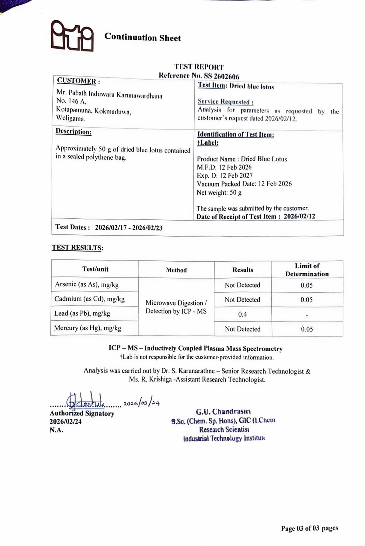 Blue Lotus Certificate of Analysis