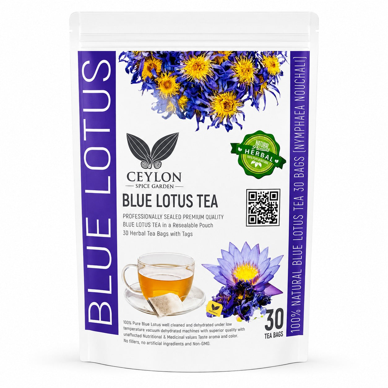 A stand-up pouch of Ceylon Blue Lotus Tea by Spice Garden, featuring a white package with purple side panels, blue and yellow lotus flower illustrations, and a cup of tea shown on the front.
