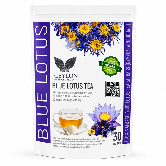A stand-up pouch of Ceylon Blue Lotus Tea by Spice Garden, featuring a white package with purple side panels, blue and yellow lotus flower illustrations, and a cup of tea shown on the front.