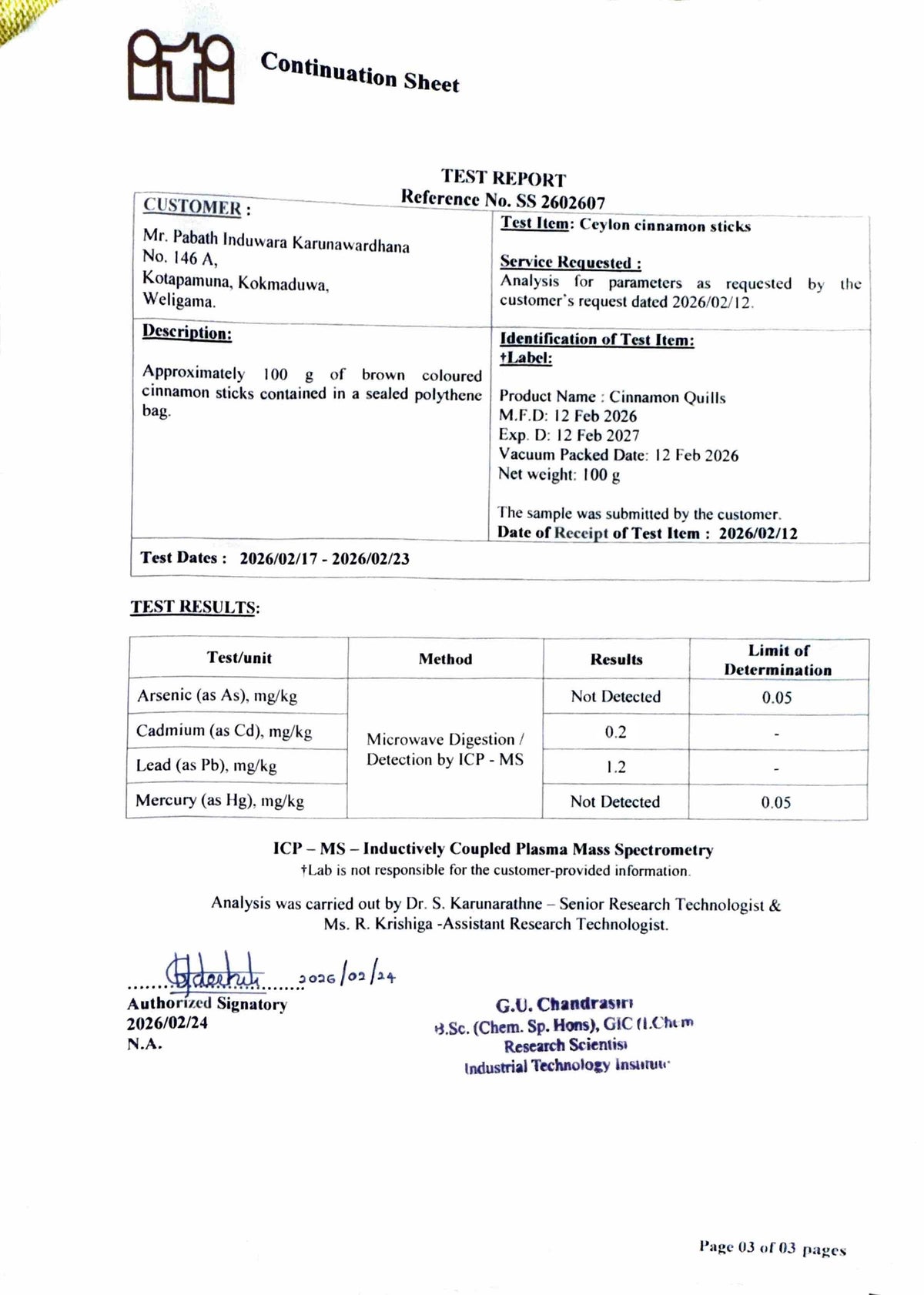 Ceylon Cinnamon Certificate of Analysis — Industrial Technology Institute, Sri Lanka