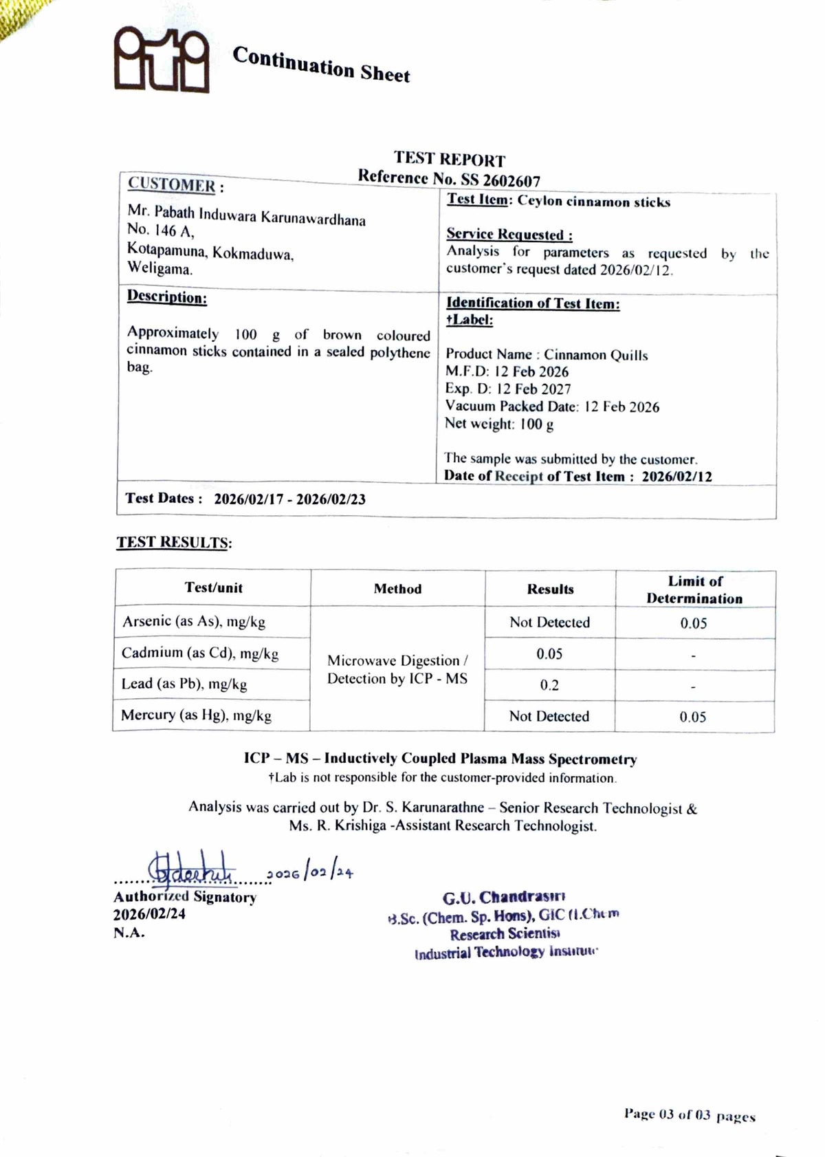 Ceylon Cinnamon Certificate of Analysis