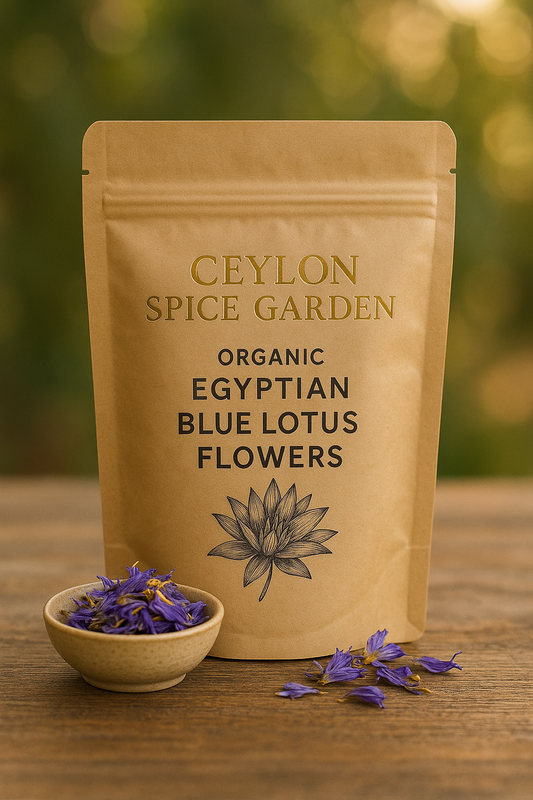 Ceylon Spice Garden packaging of organic Egyptian Blue Lotus Flowers on a wooden surface with flowers around.