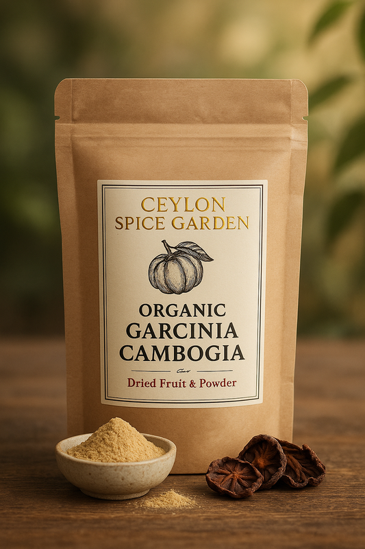 Ceylon Spice Garden organic Garcinia Cambogia package on a wooden surface with a blurred green background