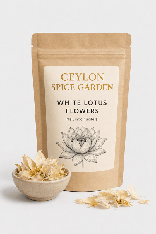 Kraft paper resealable bag of dried White Lotus Flowers with floral illustration label, ideal for herbal tea and botanical infusions